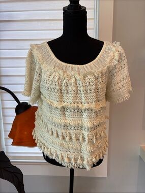 Anthropologie Love Sam Cream Tassel Off the Shoulder Boho Cotton Top,Size M, EUC